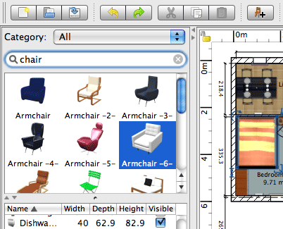 Sweet Home 3D 2.3. searchable list