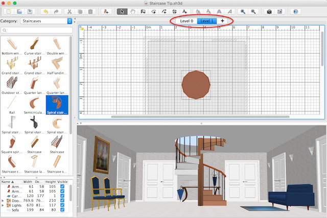 Staircase in a room with an upper level